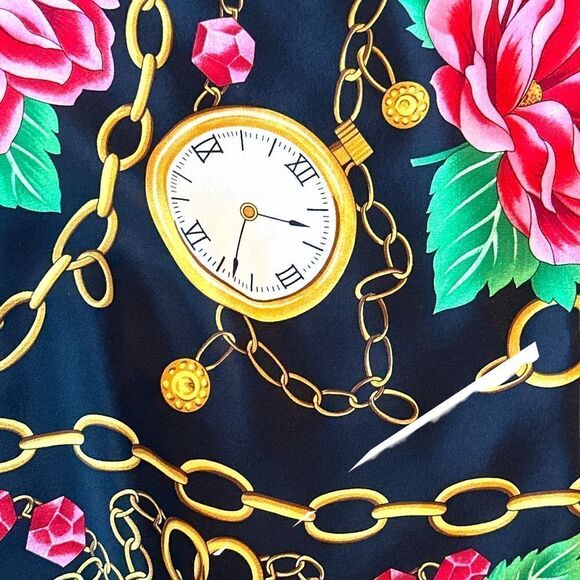 Vintage BILL BLASS SILK  roses, pocket watches, chain scarf-black red gold - Picture 5 of 9